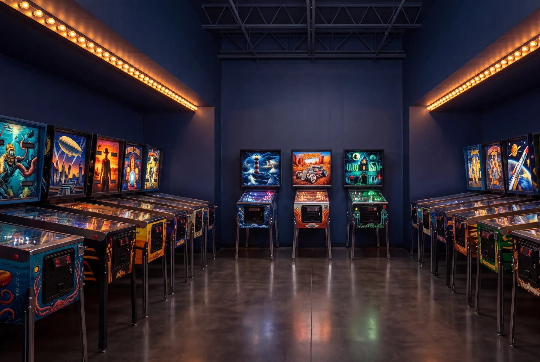 Rows of lit pinball machines facing each other down the Grand Strand Gamerooms showroom floor