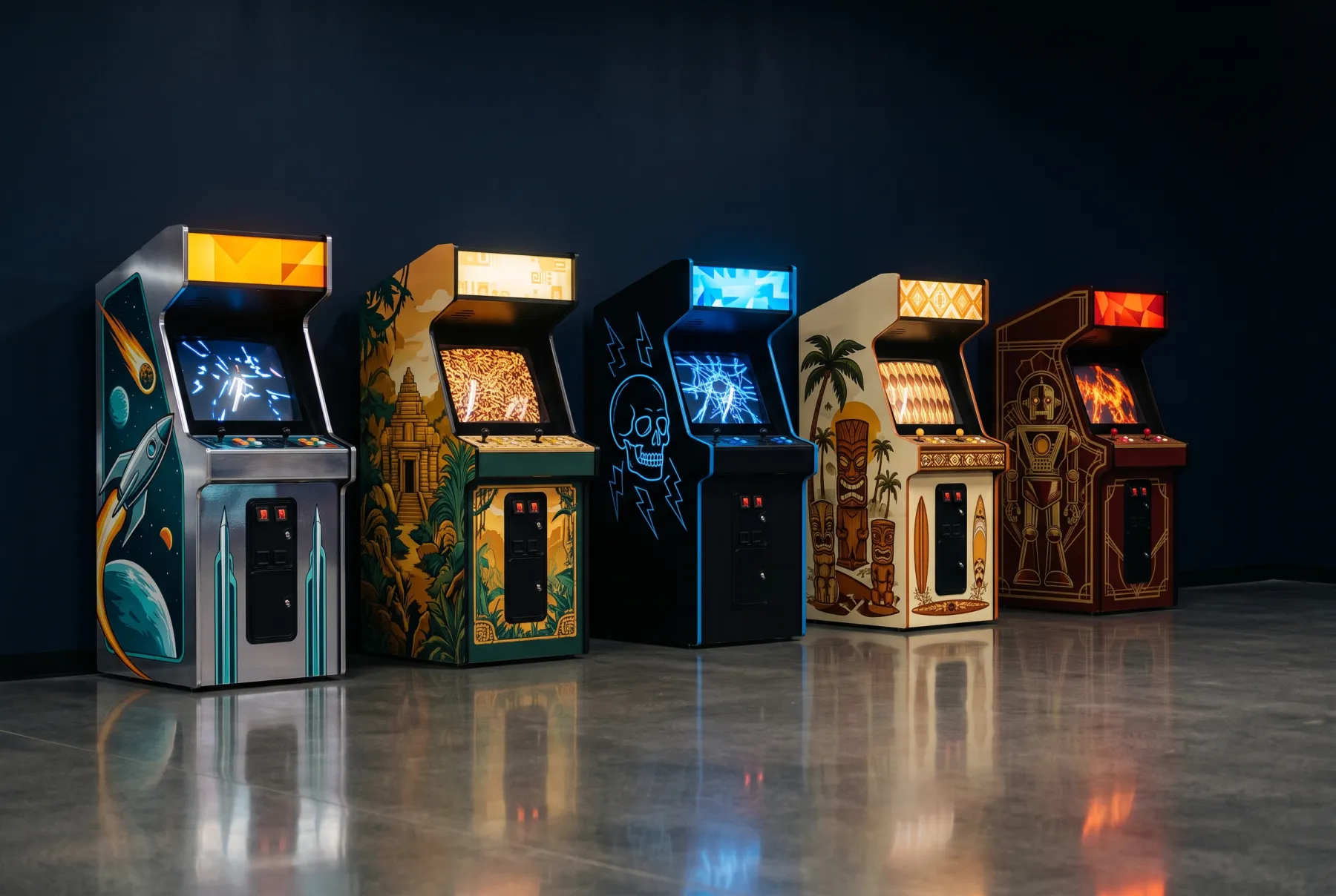 A row of upright arcade cabinets glowing in a dark showroom