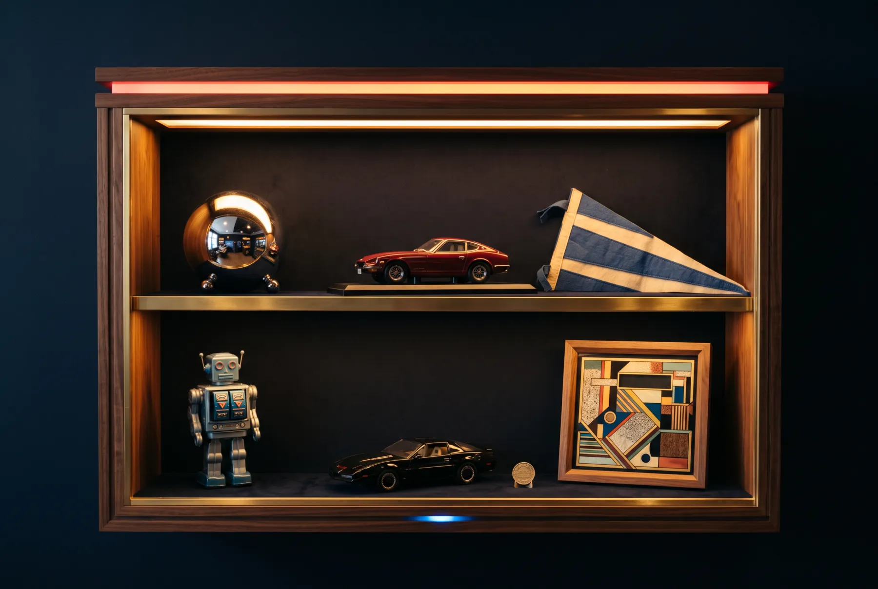 A lit walnut display case of game room collectibles