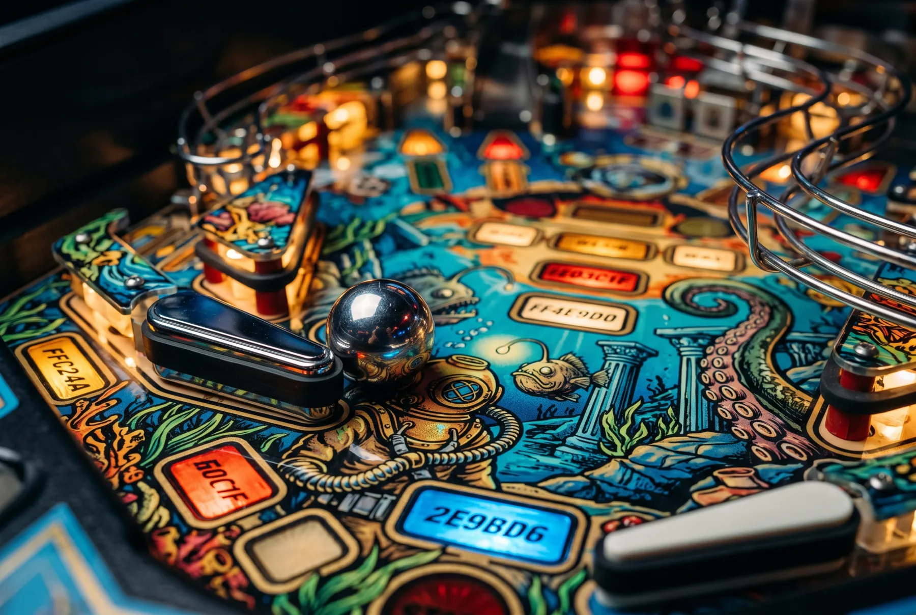 A silver pinball resting against a chrome flipper on a lit playfield