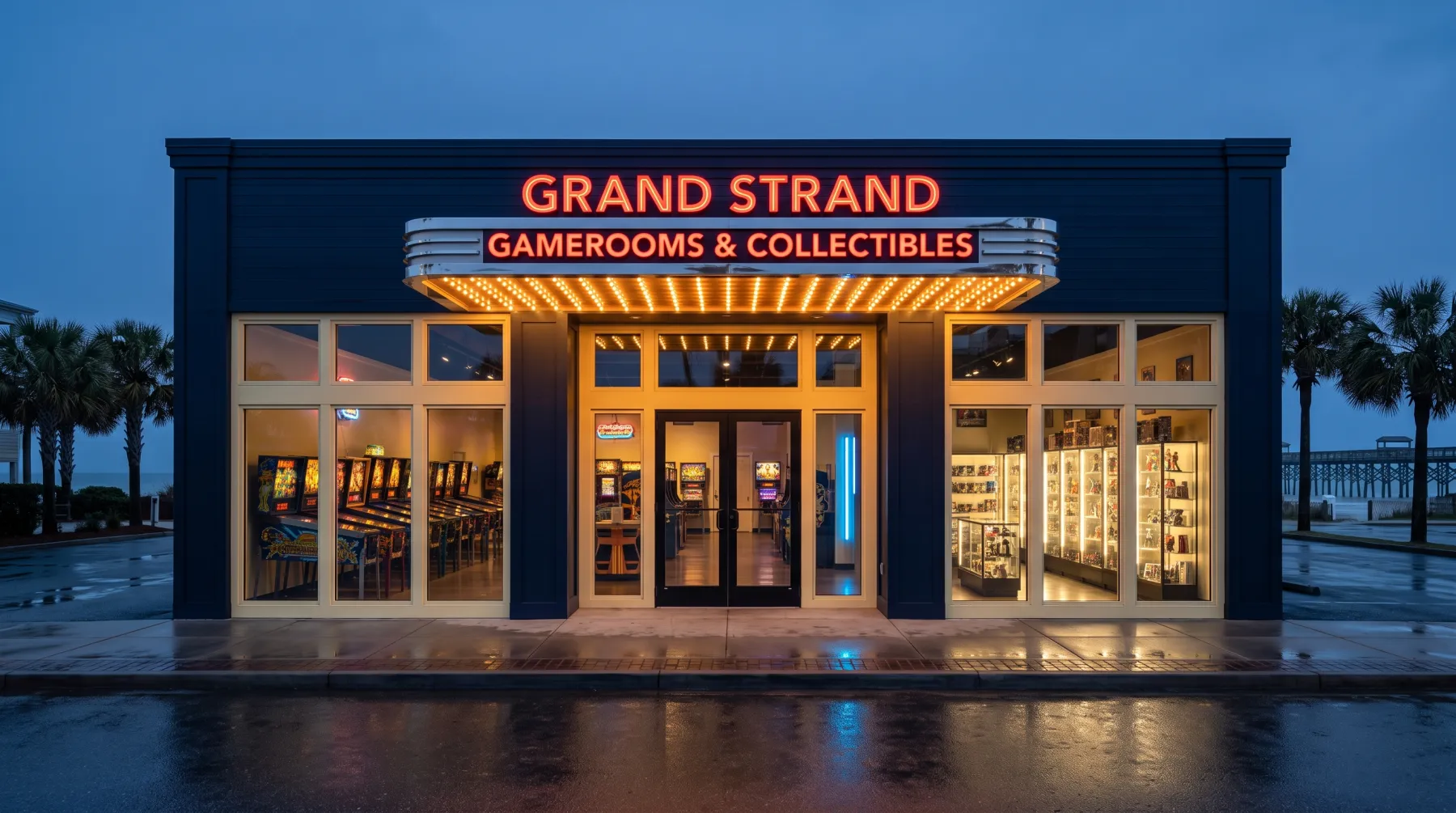 The Grand Strand Gamerooms storefront at dusk with the marquee lit